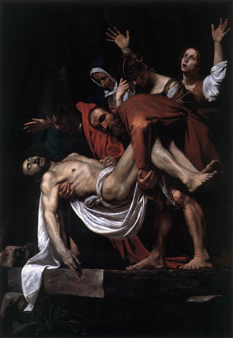 カラヴァッジョ　「キリストの埋葬」　1602-03　　Oil on canvas, 300 x 203 cm　　ローマ、ヴァティカン宮美術館